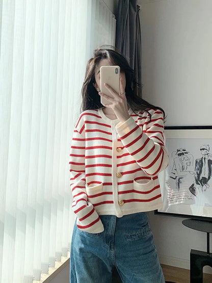 White Black Striped Knitted Female Winter Short Long Sleeve Cardigan