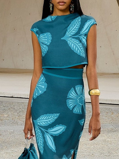 Exquisite Plant and Flower Print Slit Skirt