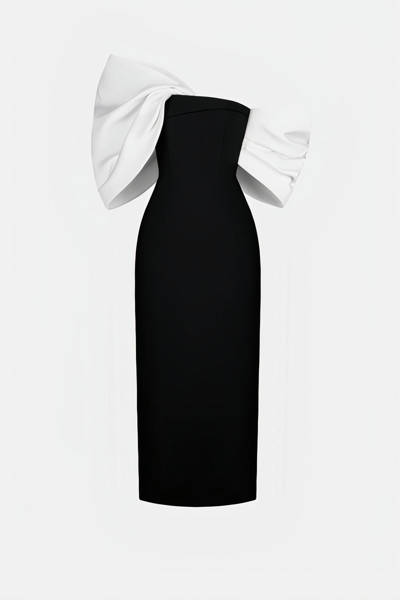 Delilah Bow Off-shoulder Asymmetrical Midi Dress