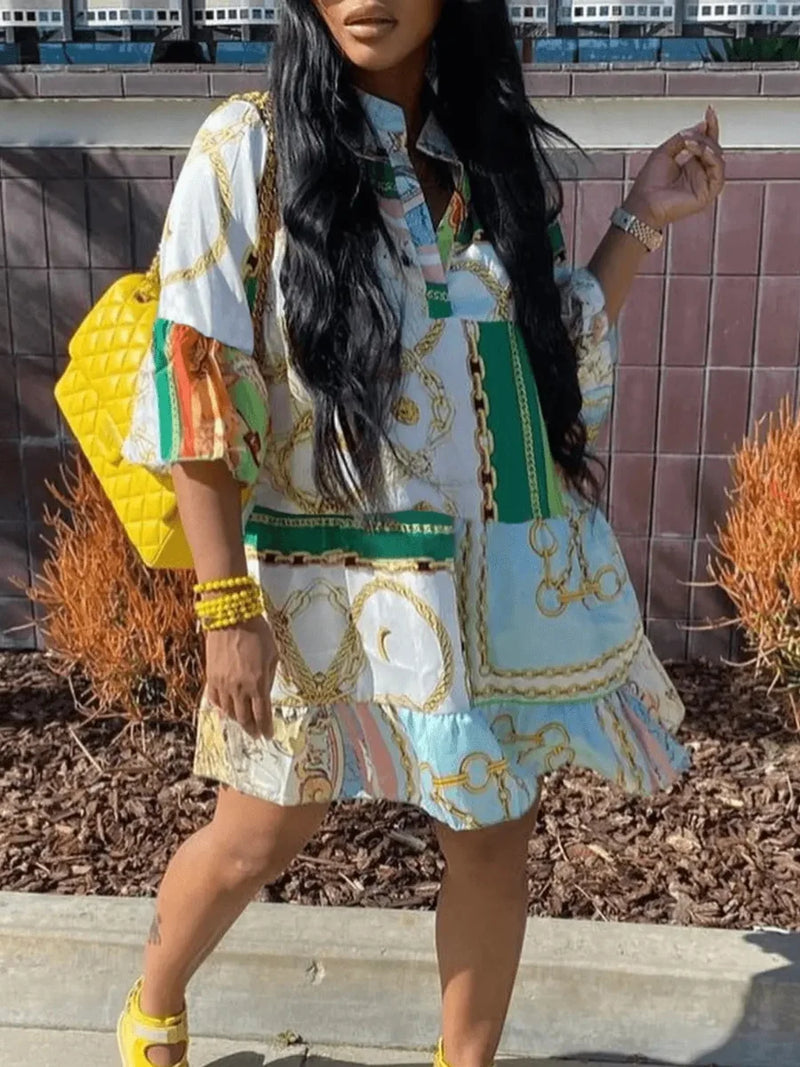 Print a Line Loose Dress Summer Short Sleeve Beach Party Mini Dress Vestido