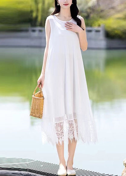 Lace Patchwork Pocket Round Neck Sleeveless Maxi Dress Black Lc0046