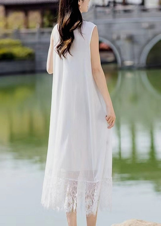 Lace Patchwork Pocket Round Neck Sleeveless Maxi Dress Black Lc0046