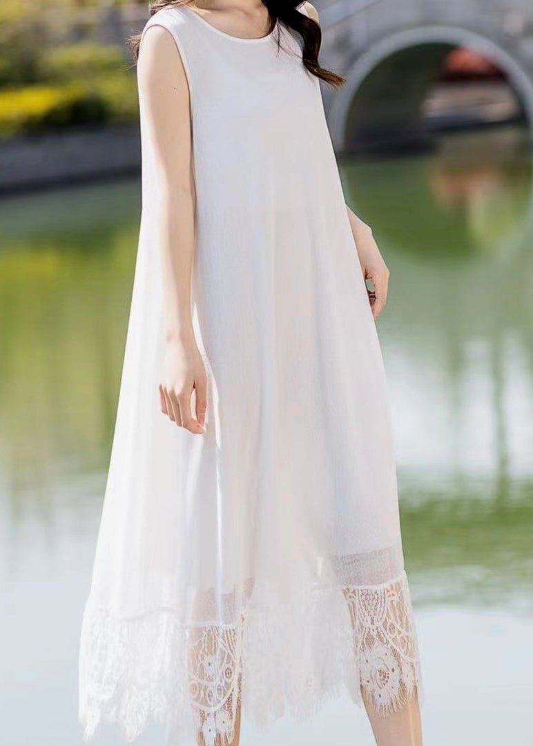Lace Patchwork Pocket Round Neck Sleeveless Maxi Dress Black Lc0046