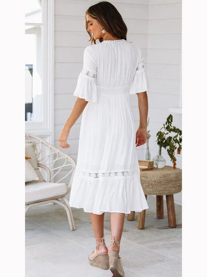 V Neck Lace Splice Midi Dress