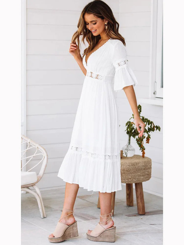 V Neck Lace Splice Midi Dress