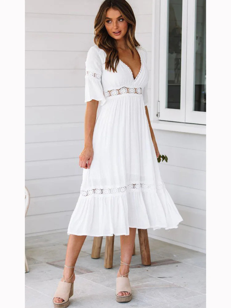 V Neck Lace Splice Midi Dress