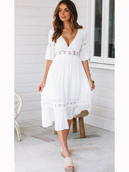 V Neck Lace Splice Midi Dress
