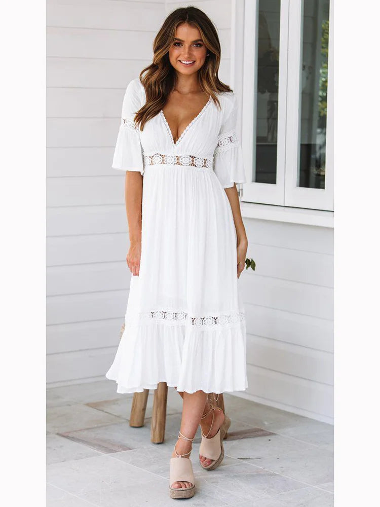 V Neck Lace Splice Midi Dress