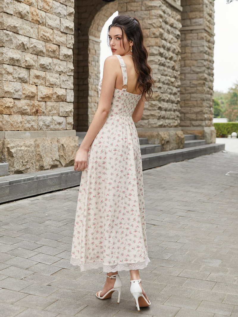 Lace Spliced Tie Front Print Maxi Dress