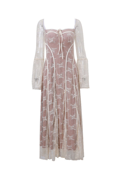 Lace Tie-up Flare Sleeve Midi Dress