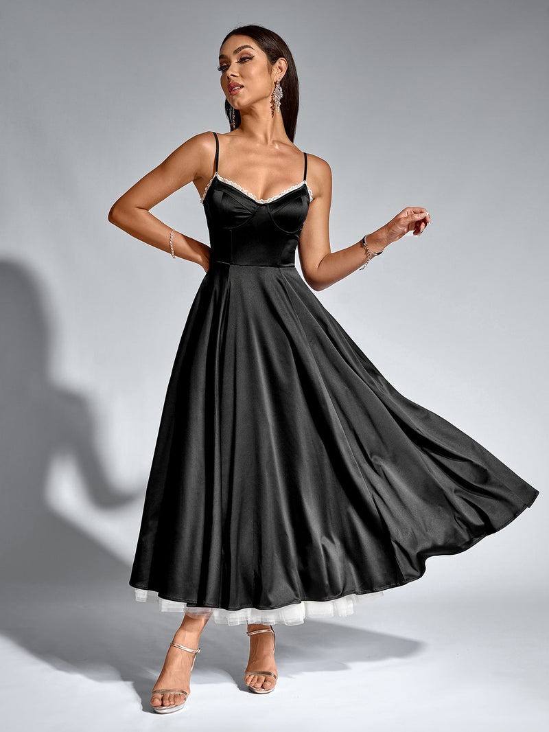Lace Trim Corset Flared Hem Maxi Dress