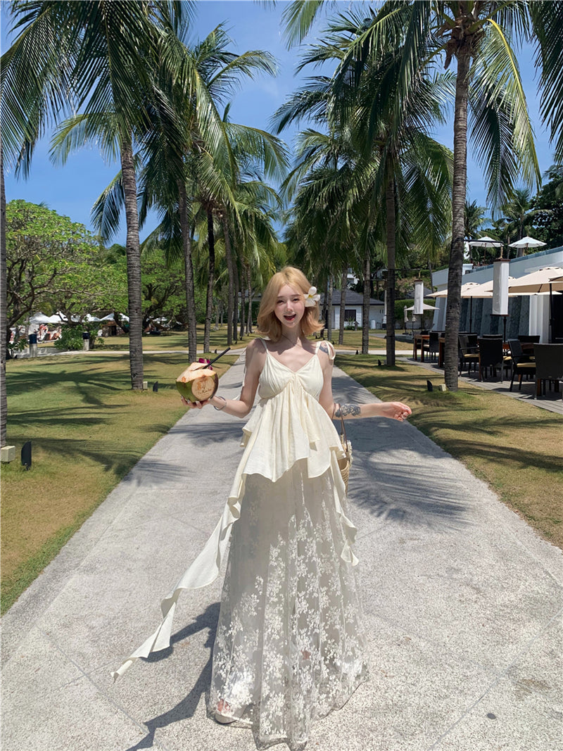 Lace Patchwork Layered Maxi Dress Ethereal Beach Gown