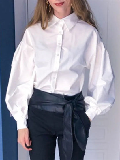Lantern Sleeve Button Collar Blouse
