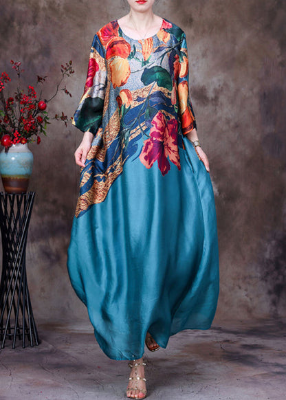 Lake Blue Pockets Print Silk Long Dresses O Neck Half Sleeve Aa1030