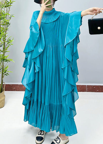 Lake Blue Wrinkled Cotton Long Dress Turtleneck Spring Aa1023