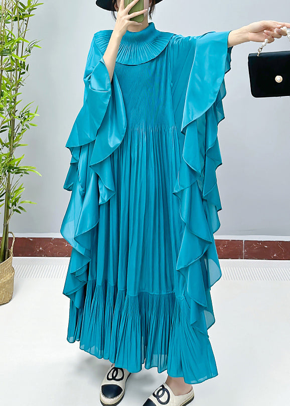 Lake Blue Wrinkled Cotton Long Dress Turtleneck Spring Aa1023