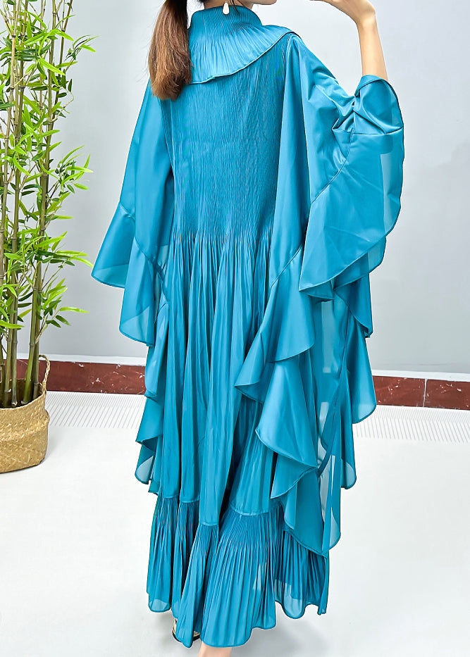 Lake Blue Wrinkled Cotton Long Dress Turtleneck Spring Aa1023