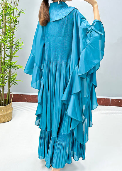 Lake Blue Wrinkled Cotton Long Dress Turtleneck Spring Aa1023