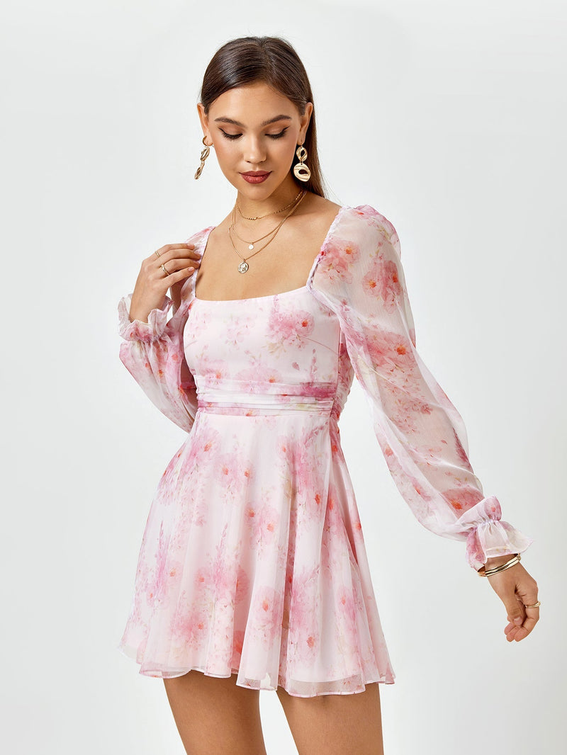 Lantern Sleeve Backless Mini Dress