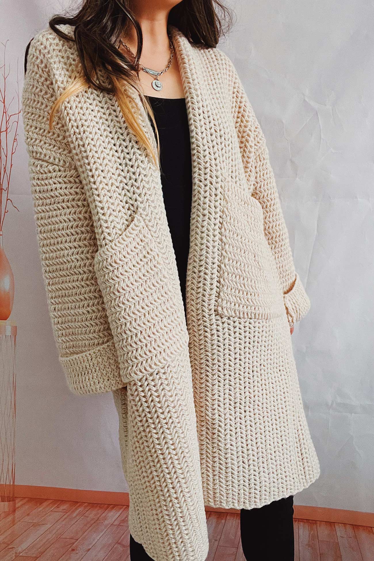 Large Pocket Open Front Cardigan