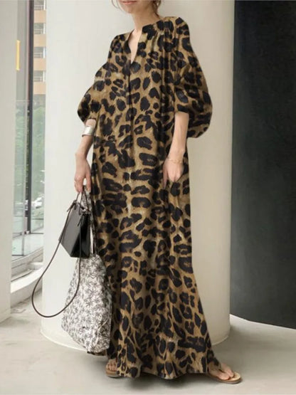 Leopard Print Long Dresses Temperament V-neck Puff Sleeves Loose Dress Style Vestidos Spring New