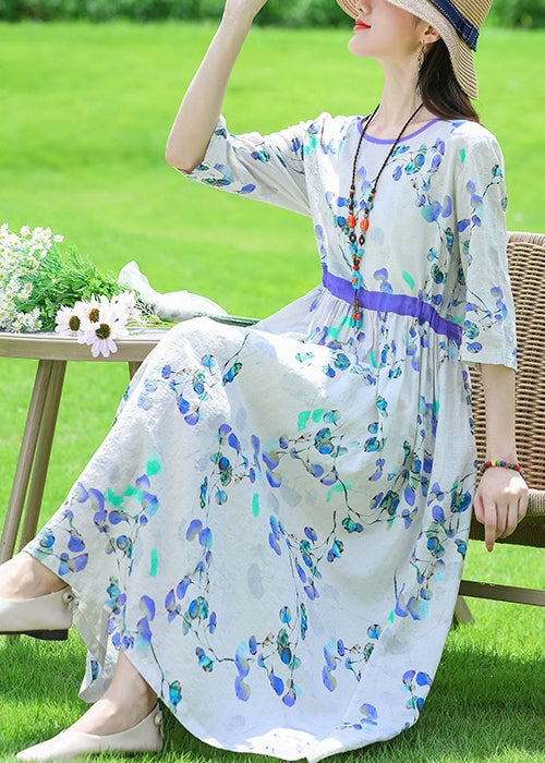 Light Blue Pockets Linen Long Dress O Neck Half Sleeve Jh011