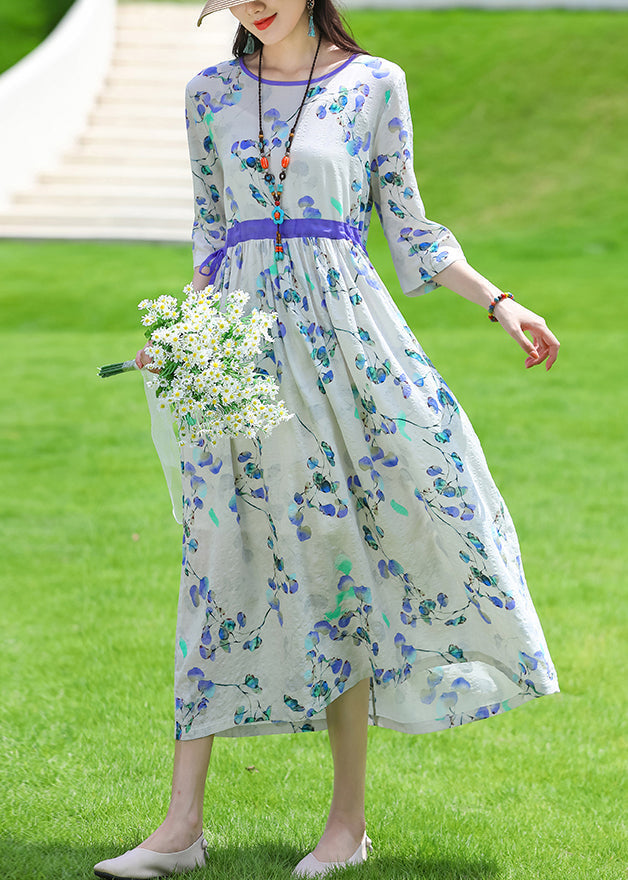 Light Blue Pockets Linen Long Dress O Neck Half Sleeve Jh011
