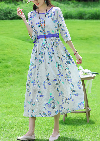 Light Blue Pockets Linen Long Dress O Neck Half Sleeve Jh011