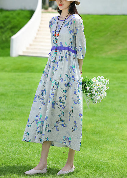 Light Blue Pockets Linen Long Dress O Neck Half Sleeve Jh011