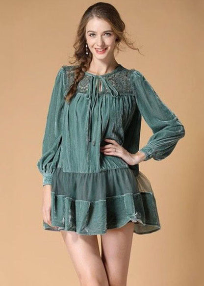 Light Green Embroideried Velour Dress O Neck Spring Ly0013