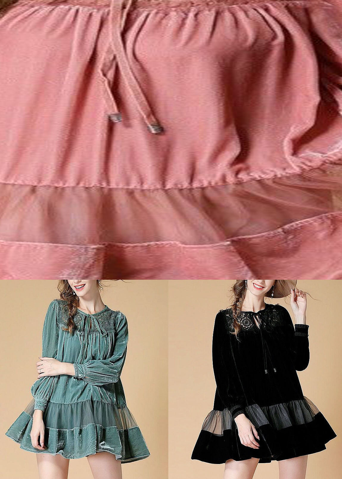 Light Green Embroideried Velour Dress O Neck Spring Ly0013