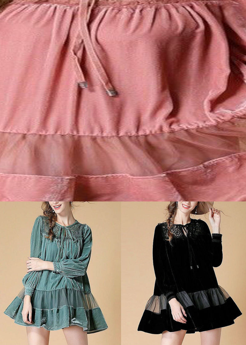 Light Green Embroideried Velour Dress O Neck Spring Ly0013
