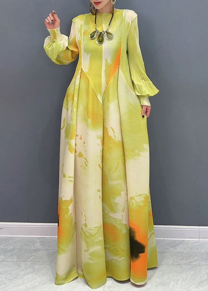 Light Green Print Patchwork Chiffon Maxi Dress Long Sleeve Uu1061