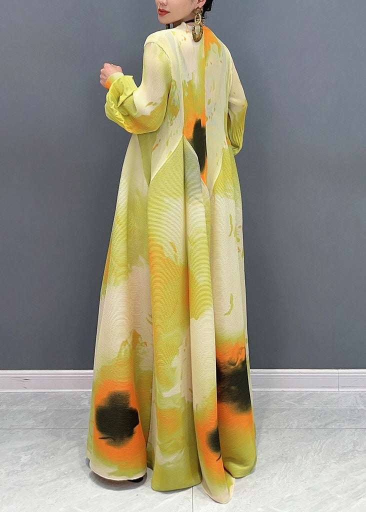 Light Green Print Patchwork Chiffon Maxi Dress Long Sleeve Uu1061