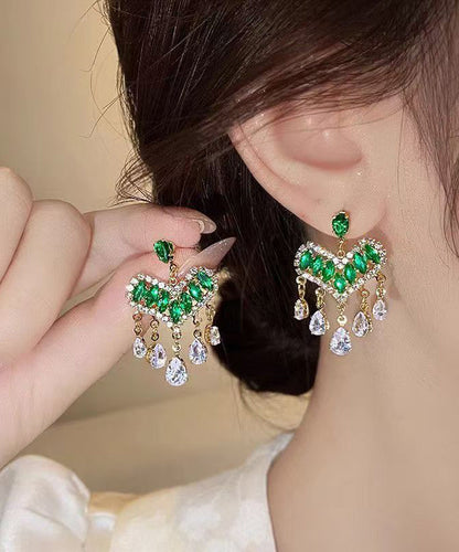 Light Green Zircon Heart-shaped Tassel Stud Earrings