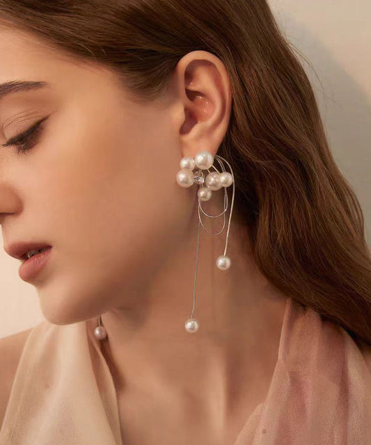 Light Tassel Pearl Long Stud Earrings