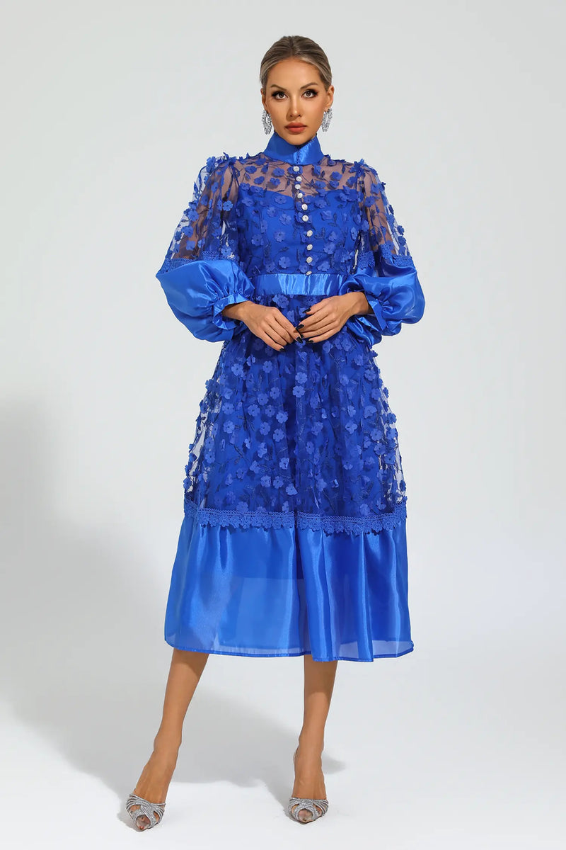 Lillie Blue Mesh Flower Midi Dress