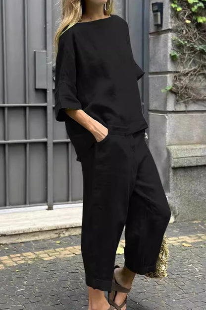 Linen Crew Neck T-shirt Two-piece Set