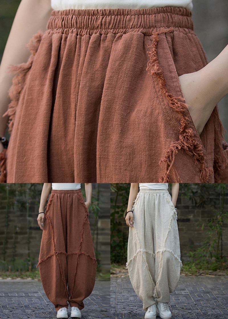 Brick Red Pockets High Waist Linen Pants Summer Qe040