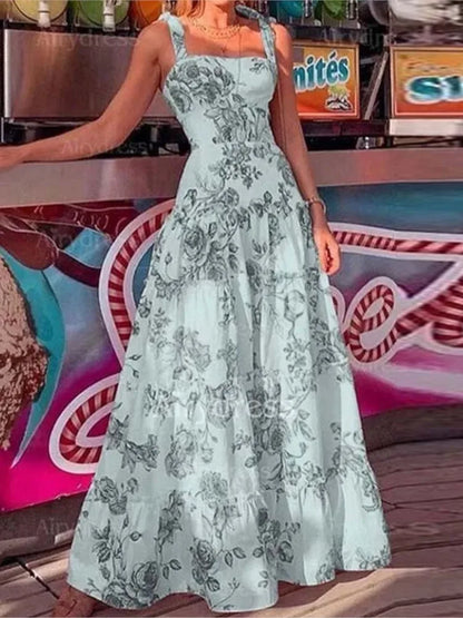 Long Dresses for Flower Printed Spaghetti Strap High Waist Large Skirt Hem Maxi Dress Summer Beach Party