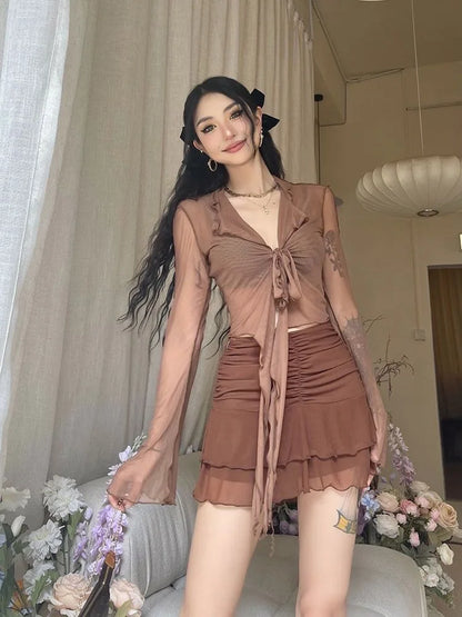 Long Flare Sleeve Blouses for Lace-up Mesh Sweet Hot Korean Style All-match Design