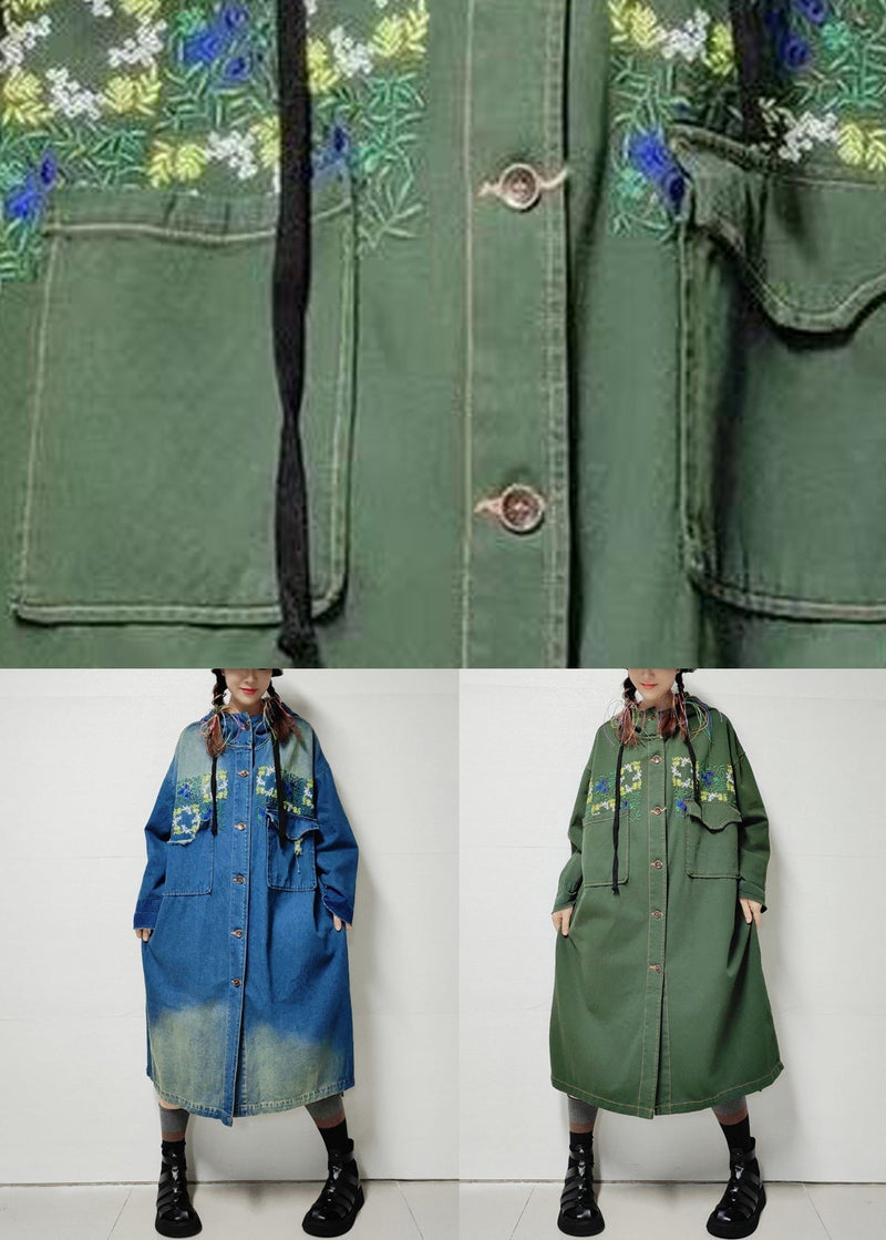 Blue Button Pockets Denim Trench Coat Embroidered Long Sleeve Mn060