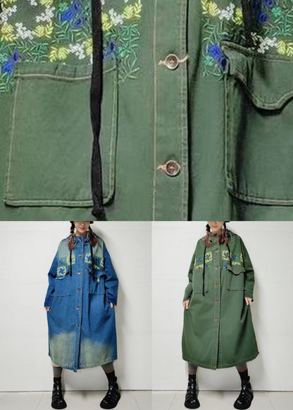 Loose Army Green Hooded Pockets Denim Long Trench Coat Fall Mn038