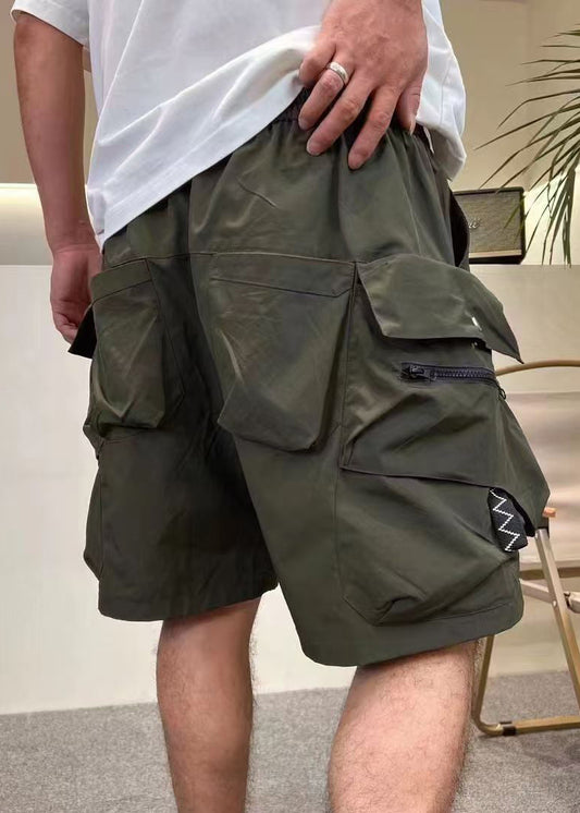 Green Zip Shorts Cotton Loose Up Elastic Pockets Army Waist