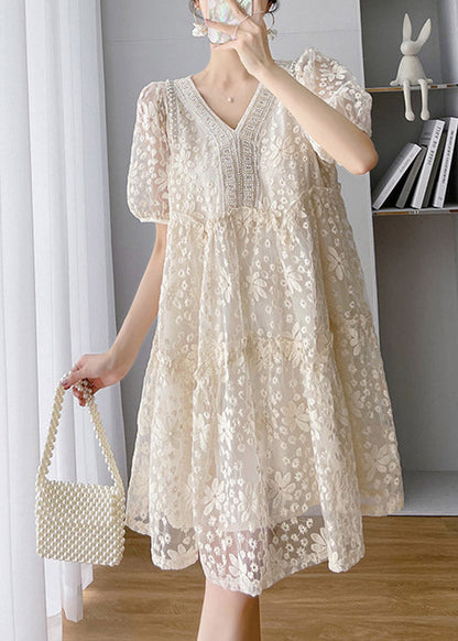 Loose Beige V Neck Lace Patchwork Long Dress Short Sleeveti1048