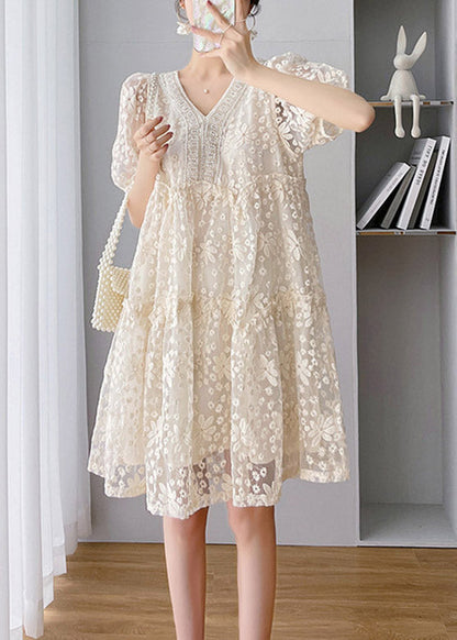 Loose Beige V Neck Lace Patchwork Long Dress Short Sleeveti1048