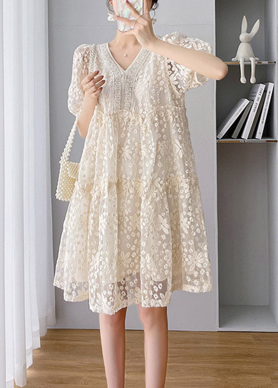 Loose Beige V Neck Lace Patchwork Long Dress Short Sleeveti1048