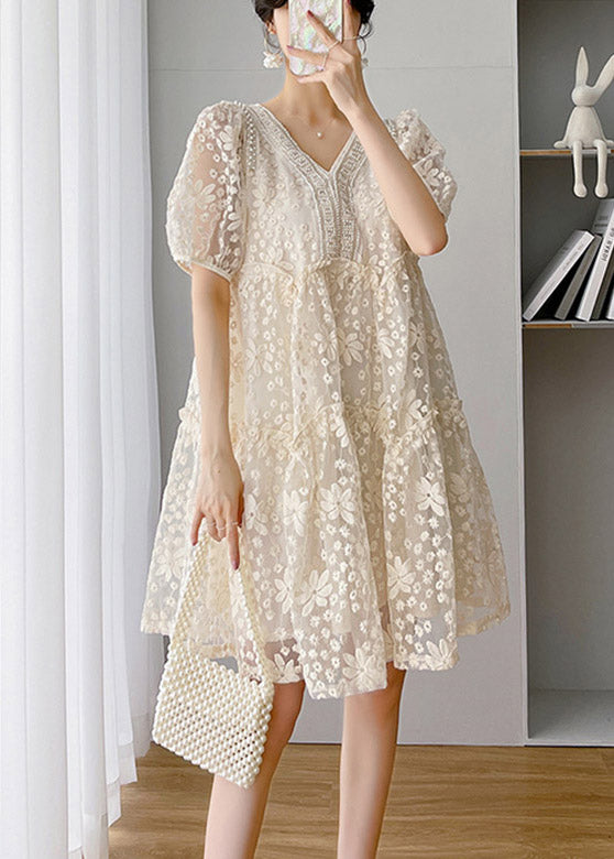 Loose Beige V Neck Lace Patchwork Long Dress Short Sleeveti1048