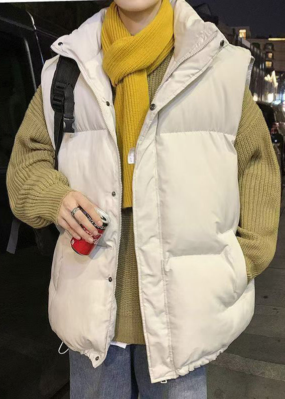 Loose Beige Zippered Pockets Drawstring Cotton Filled Waistcoat Winter Rn014