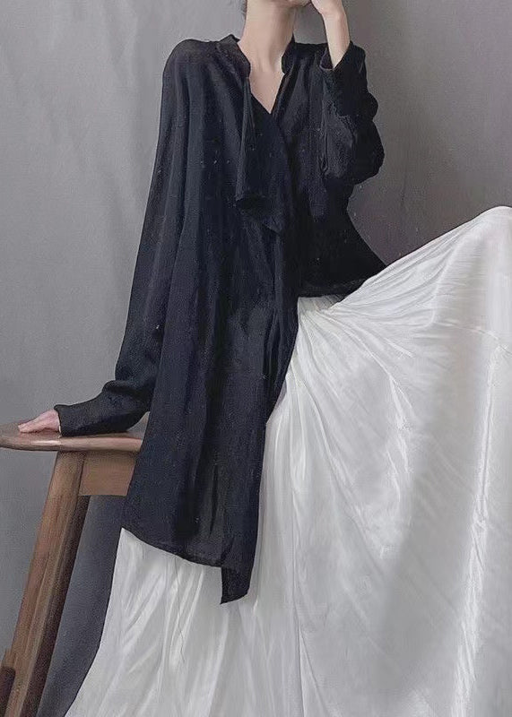 Loose Black Asymmetrical Silk Cotton Blouses Spring Kk021